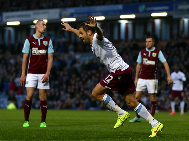 Joe Cole of Aston Villa celebrates after scoring the opening goal during the Barclays Premier League match between Burnley and Aston Villa at Turf Moor on November 29, 2014