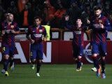 Barcelona's Argentinian forward Lionel Messi celebrates after scoring a goal during their UEFA Champions League football match against Apeol at the Neo GSP Stadium in the Cypriot capital, Nicosia, on November 25, 2014