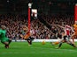 Alan Judge (#18) of Brentford shoots and scores past Carl Ikem the Wolverhampton Wanderers goalkeeper during the Sky Bet Championship match between Brentford and Wolverhampton Wanderers at Griffin Park on November 29, 2014