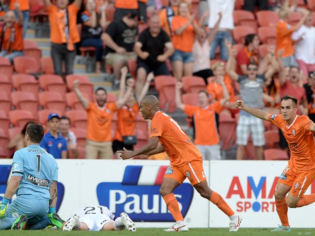 Henrique of the Roar celebrates after scoring a goal during the round eight A-League match between Brisbane Roar and Perth Glory at Suncorp Stadium on November 29, 2014