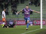 Caen's French forward Mathieu Duhamel celebrates after scoring during the French L1 football match between Caen (SM Caen) and Montpellier (MHSC), on November 29, 2014