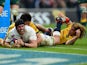 Ben Morgan of England crashes over to score the opening try during the QBE international match between England and Australia at Twickenham Stadium on November 29, 2014