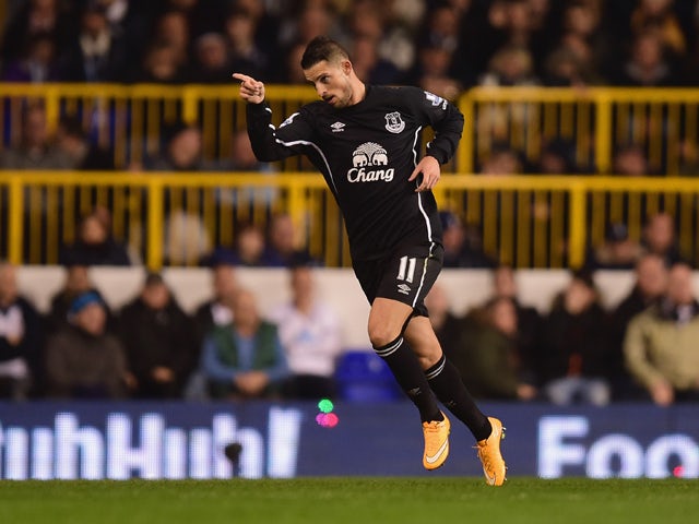Kevin Mirallas of Everton celebrates scoring the opening goal during the Barclays Premier League match between Tottenham Hotspur and Everton at White Hart Lane on November 30, 2014