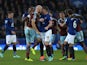 James Collins of West Ham United confronts James McCarthy of Everton during the Barclays Premier League match between Everton and West Ham United at Goodison Park on November 22, 2014