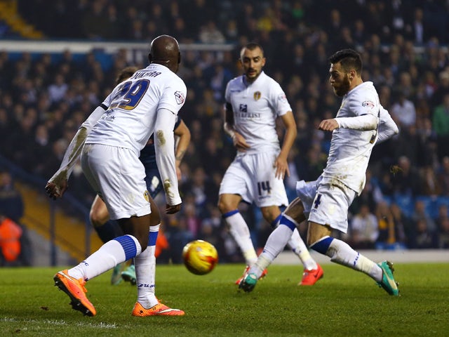 Mirco Antenucci of Leeds scores the opening goal during the Sky Bet Championship match between Leeds United and Derby County at Elland Road on November 29, 2014