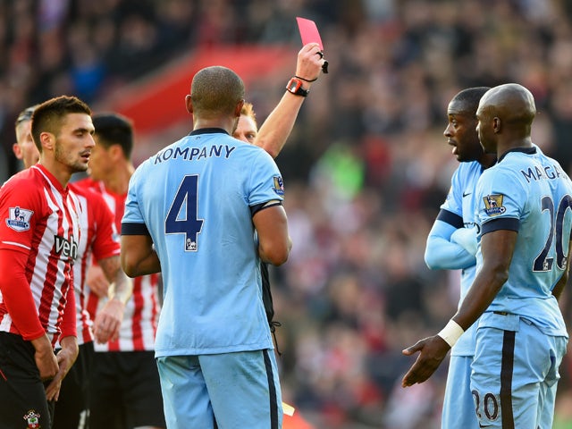 Eliaquim Mangala of Manchester City is shown a red card by referee Mike Jones and is sent off during the Barclays Premier League match between Southampton and Manchester City at St Mary's Stadium on November 30, 2014