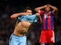 Sergio Aguero of Manchester City celebrates after scoring his team's third and matchwinning goal during the UEFA Champions League Group E match between Manchester City and FC Bayern Muenchen at the Etihad Stadium on November 25, 2014