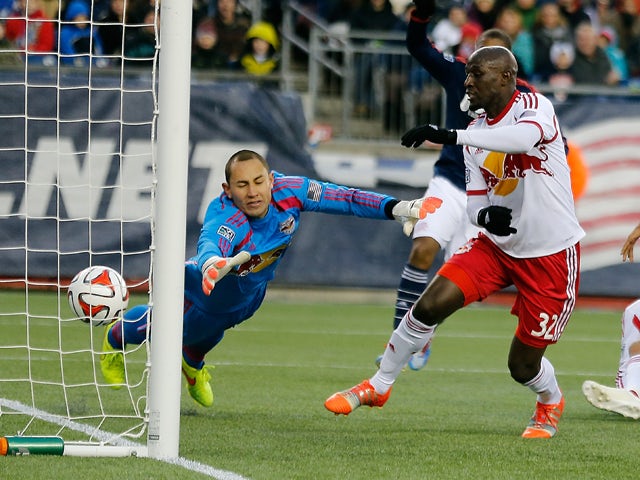 Luis Robles #31 of New York Red Bulls allows a goal by Charlie Davies #9 (not seen) of the New England Revolution in the first half against New York Red Bulls during Leg 2 of the MLS Eastern Conference Final at Gillette Stadium on November 29, 2014