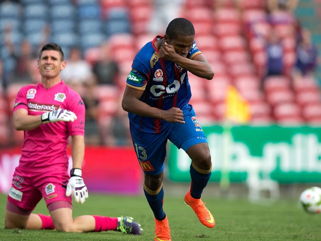 Edson Montano of the Jets celebrates after scoring a goal during the round eight A-League match between the Newcastle Jets and Central Coast Mariners at Hunter Stadium on November 30, 201