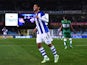 Carlos Vela Garrido of Real Sociedad celebrates after scoring his team's third goal during the La Liga match between Real Socided and Elche FC at Estadio Anoeta on November 28, 2014 