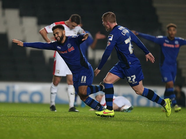 Reuben Noble-Lazarus of Rochdale celebrates after scoring his sides 2nd goal during the Sky Bet League One match between MK Dons and Rochdale at Stadium mk on November 25, 2014
