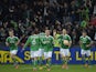 Saint-Etienne's Dutch forward Ricky Van Wolfswinkel celebrates with his teamates after scoring an equalizer during the UEFA Europa League Group F football match AS Saint-Etienne (ASSE) vs FK Qarabag Agdam on November 27, 2014