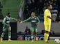 Sporting's forward Carlos Mane celebrates with his teammate midfielder Joao Mario after scoring during the UEFA Champions League football match Sporting CP vs NK Maribor at the Jose Alvalade stadium in Lisbon on November 25, 2014.