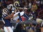 Rodger Saffold #76 and Tavon Austin #11 of the St. Louis Rams celebrate Austin's first quarter touchdown against the Oakland Raiders at the Edward Jones Dome on November 30, 2014