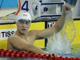 Sun Yang of China celebrates after winning the Men's 1500m Freestyle during the 2014 Asian Games at Munhak Park Tae-Hwan Aquatics Center on September 26, 2014