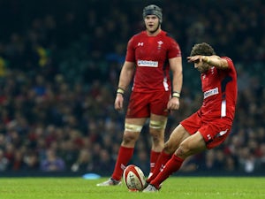Wales' full back Leigh Halfpenny kicks a penalty during the Autumn International rugby union Test match between Wales and South Africa at the Millennium Stadium in Cardiff, south Wales, on November 29, 2014