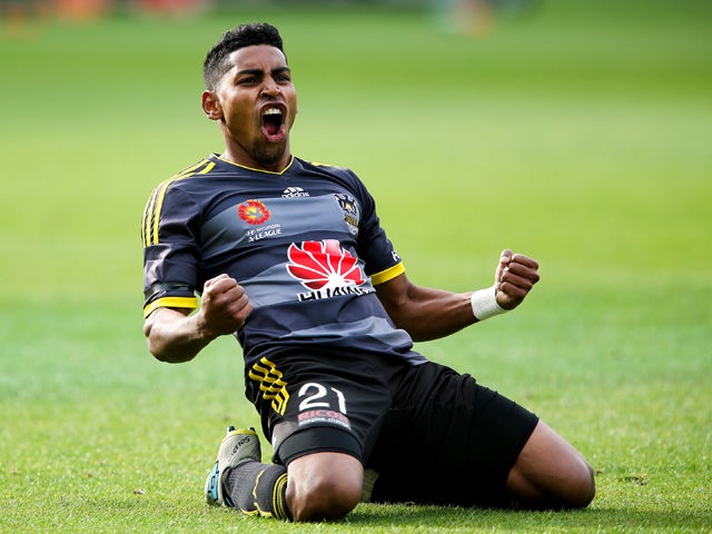 Roy Krishna of the Phoenix celebrates after scoring a goal during the round eight A-League match between Wellington Phoenix and Melbourne City at Westpac Stadium on November 30, 2014