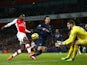 Danny Welbeck of Arsenal attempts to score in front of Fraser Forster of Southampton during the Barclays Premier League match between Arsenal and Southampton at Emirates Stadium on December 3, 2014