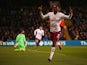 Christian Benteke of Aston Villa celebrates scoring his team's first goal during the Barclays Premier League match between Crystal Palace and Aston Villa at Selhurst Park on December 2, 2014