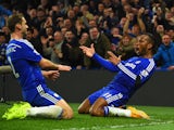 Didier Drogba of Chelsea celebrates scoring their second goal with Branislav Ivanovic of Chelsea during the Barclays Premier League match between Chelsea and Tottenham Hotspur at Stamford Bridge on December 3, 2014
