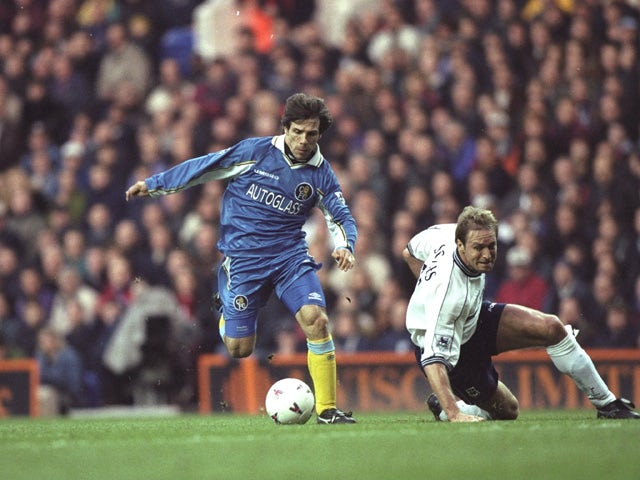 Gianfranco Zola of Chelsea gets away from John Scales of Tottenham Hotspur during an FA Carling Premiership match at White Hart Lane in London on December 6, 1997