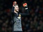David De Gea of Manchester United celebrates at the end of the Barclays Premier League match between Manchester United and Stoke City at Old Trafford on December 2, 2014