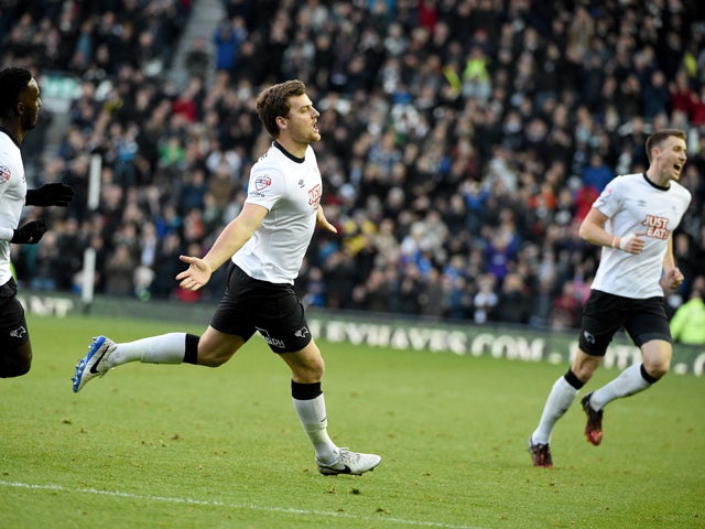 Chris Martin of Derby celebrates his first goal during the Sky Bet Championship match between Derby County and Brighton & Hove Albion at the Pride Park Stadium on December 6, 2014 