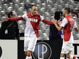 Monaco's Bulgarian forward Dimitar Berbatov (L) celebrates with Monaco's Belgian midfielder Yannick Ferreira Carrasco after scoring a goal during the French L1 football match against Toulouse on December 5, 2014