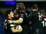 Rory Sutherland of Edinburgh Rugby celebrates scoring his Try with team mates Ben Toolis and Sam Hidalgo-Clyne during the European Rugby Challenge Cup match, between Edinburgh Rugby and London Welsh at Murrayfield Stadium on December 7, 2014