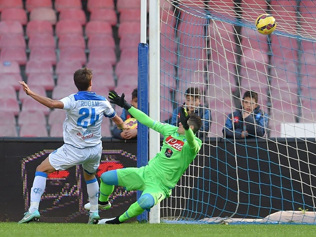 Daniele Rugani of Empoli scres the goal 0-2 during the Serie A match between SSC Napoli and Empoli FC at Stadio San Paolo on December 7, 2014