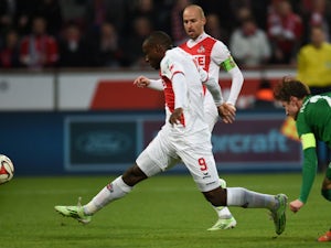 FC Koln  Nigerian striker Anthony Ujah scores during the German first division Bundesliga football match 1 FC Cologne vs FC Augsburg in Cologne, western germany on December 6, 2014
