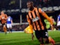 Hull City's Nigerian midfielder Sone Aluko celebrates scoring their first goal during the English Premier League football match between Everton and Hull City at Goodison Park in Liverpool, north west England on December 3, 2014