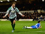 Blyth Spartans player Jarrett Rivers celebrates after scoring the second goal during the FA Cup Second round match against Hartlepool United on December 5, 2014