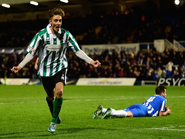 Blyth Spartans player Jarrett Rivers celebrates after scoring the second goal during the FA Cup Second round match against Hartlepool United on December 5, 2014