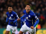 Leonardo Ulloa of Leicester City celebrates after Simon Mignolet of Liverpool opens the scoring with an own goal during the Barclays Premier League match between Leicester City and Liverpool at The King Power Stadium on December 2, 2014