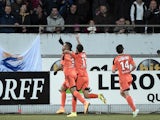 Lorient's Ghanaian striker Jordan Ayew celebrates his goal during the French L1 football match Lorient against Marseille on December 2, 2014