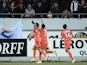 Lorient's Ghanaian striker Jordan Ayew celebrates his goal during the French L1 football match Lorient against Marseille on December 2, 2014