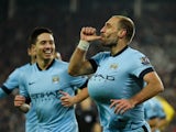 Pablo Zabaleta of Manchester City celebrates after scoring his team's third goal during the Barclays Premier League match between Sunderland and Manchester City at The Stadium of Light on December 3, 2014