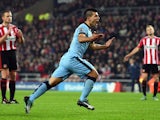 Sergio Aguero of City celebrates after scoring the first Manchester City goal during the Barclays Premier League match between Sunderland and Manchester City at Stadium of Light on December 3, 2014