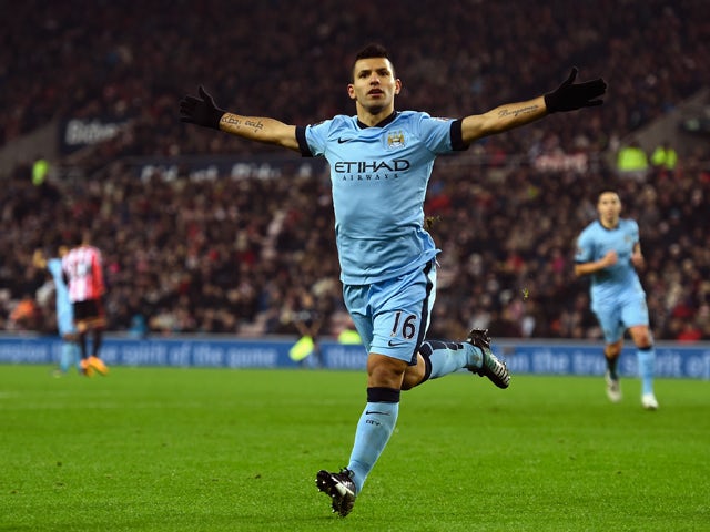  Sergio Aguero of Manchester City celebrates after scoring during the Barclays Premier League match between Sunderland and Manchester City at Stadium of Light on December 3, 2014