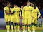 Nantes' players celebrate after scoring a goal during the French L1 football match between Paris Saint-Germain (PSG) and Nantes at the Parc des Princes stadium in Paris on December 6, 2014