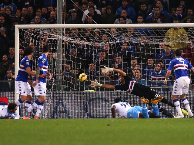 Napoli's Colombian forward Duvan Zapata scores a goal during the Italian Serie A football match Sampdoria vs Napoli on December 1, 2014