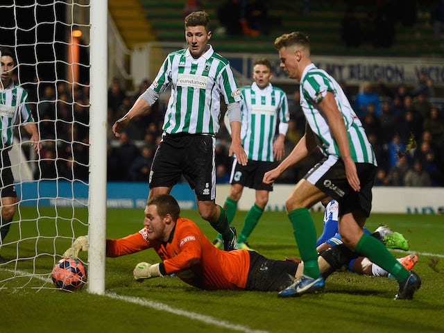Goalkeeper Peter Jeffries of Blyth saves on the goal line during the FA Cup Second Round match between Hartlepool United and Blyth Spartans at Victoria Park on December 5, 2014