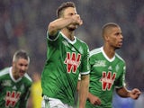 Saint-Etienne's Dutch forward Ricky Van Wolfswinkel celebrates after scoring a goal during the French L1 football match against Bastia on December 6, 2014