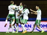 Saint-Etienne's players react after scoring a goal during the French L1 football match between Montpellier and Saint Etienne on December 3, 2014