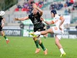 Samuel John Christie of Benetton Treviso scores the ball during the European Rugby Champions Cup Match on December 6, 2014