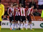 Jose Baxter of Sheffield United celebrateds scoring from the penalty spot during the FA Cup Second Round match between Sheffield United and Plymouth Argyle at Bramall Lane on December 6, 2014