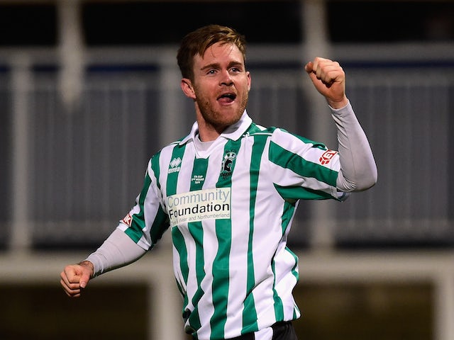 Blyth Spartans player Stephen Turnbull celebrates his equaliser during the FA Cup Second round match against Hartlepool United on December 5, 2014