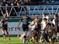 Wasps flanker Guy Thompson and team mates celebrate after scoring a try during the European Rugby Champions Cup, Castres vs Wasps, on December 7, 2014