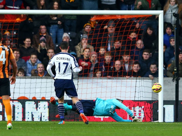 Graham Dorrans of West Brom has his penalty kick saved during the Barclays Premier League match between Hull City and West Bromwich Albion at the KC Stadium on December 6, 2014